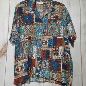 Vintage Shirt Ladies Size Large Button Front Short Sleeve Blue Tan‎ Patchwork